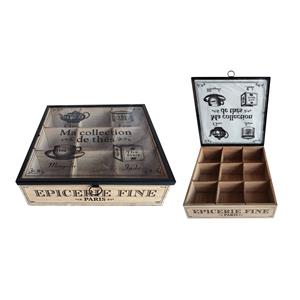 Caja de madera p/Té con 9 espacios diseño textos negros en la tapa de 24x24x7cm