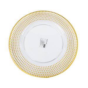 Plato de presentación transparente dorado con orilla grabada de 33x33x2cm