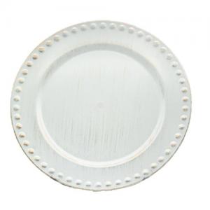 Plato de presentación de plástico blanco matizado dorado con bolitas en la orilla de 35 x35 x2cm