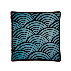 Plato de melamina cuadrado azul con círculos de 14.2×14.2×2.2cm