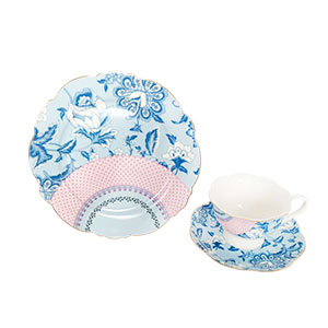 Juego de tè de 3 piezas de porcelana azul diseño floral con orilla dorada de 20cm