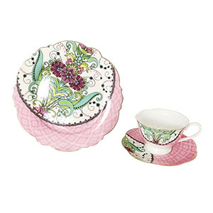 Juego de tè de 3 piezas de porcelana blanca con rosa diseño floral con orilla dorada de 20cm