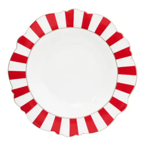 Plato de cerámica con orilla a rayas rojo con blanco y filo dorado de 21.59cm