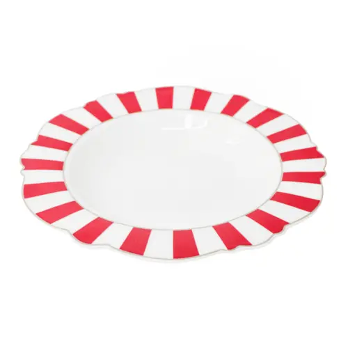 Plato de cerámica con orilla a rayas rojo con blanco y filo dorado de 21.59cm
