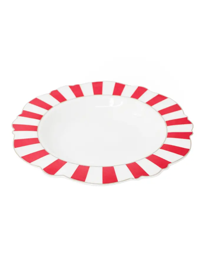 Plato de cerámica con orilla a rayas rojo con blanco y filo dorado de 21.59cm - Image 2