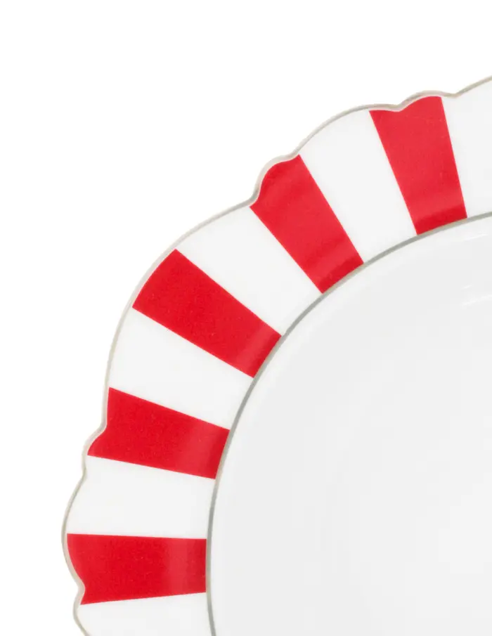 Plato de cerámica con orilla a rayas rojo con blanco y filo dorado de 21.59cm - Image 3