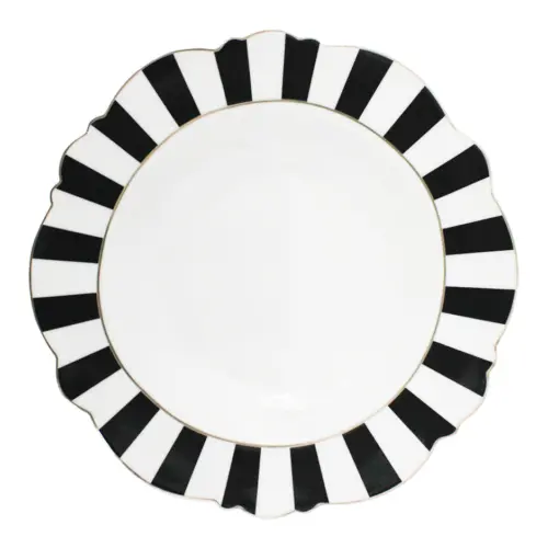 Plato de cerámica con orilla a rayas negra con blanco y filo dorado de 21.59cm