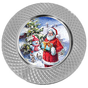 Plato de presentación plateado diseño santa con muñecos de nieve de 33cm