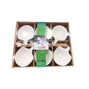 Juego de 6 tazones y diseño concha con 6 cucharas de porcelana blanca