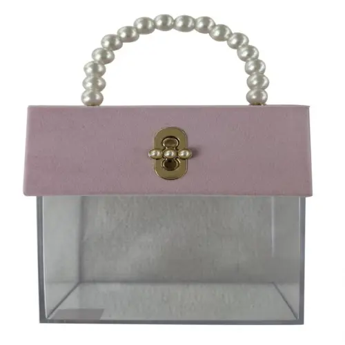 Bolsa de dama de acrilico transparente con franja rosa y asa de bolas de 16x18x10cm10x16x18cm