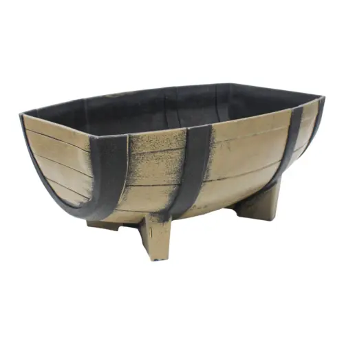 Maceta de plástico con base café diseño barril de 40×56.5x25cm