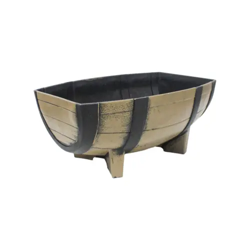 Maceta de plástico con base café diseño barril de 30×41.5×18.5cm