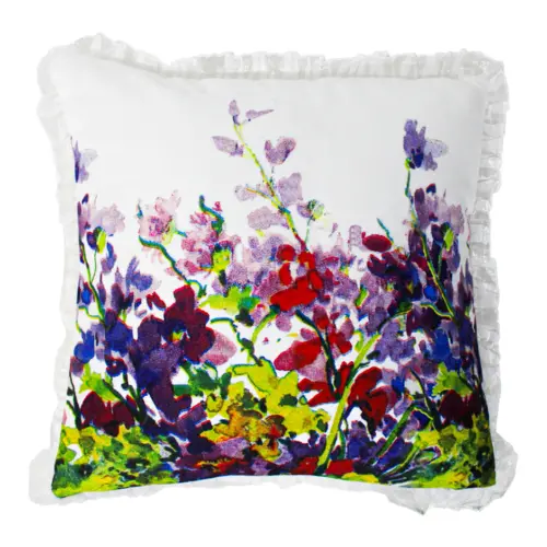 Cojín estampado blanco con flores de colores con encaje en la orilla de 40X40cm 100% Polyester