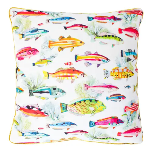 Cojín estampado marino con peces de colores con la orilla dorada de 40X40cm 100% Polyester