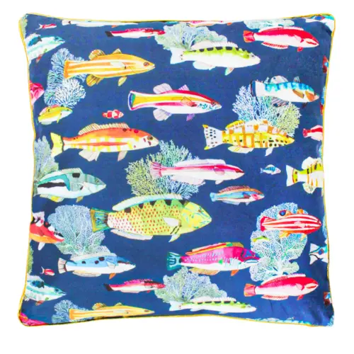 Cojín estampado marino azul peces de colores con la orilla dorada de 40x40cm 100% Polyester