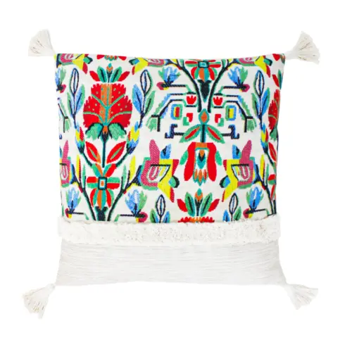 Cojín beige estampado con flores con barbillas de 45X45cm 100% Polyester