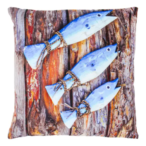Cojín estampado blanco con peces y orilla dorada de 45X45cm 100% Polyester