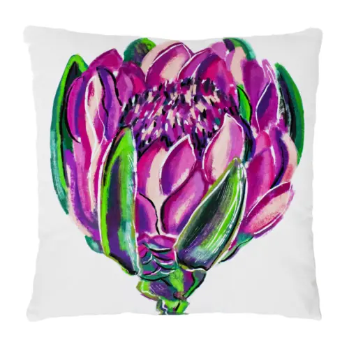 Cojín estampado flor blanco con morado y verde de 45X45cm 100% Polyester