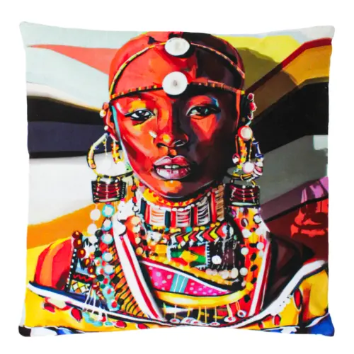 Cojín estampado mujer africana con collares de 45X45cm 100% Polyester