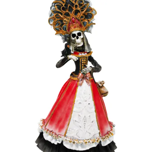 Catrina de poliresina con atuendos aztecas de 19.5×13.5×39.5cm