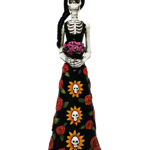 Catrina de poliresina con vestido de flores de girasol de 12.8×10.2×37.6cm