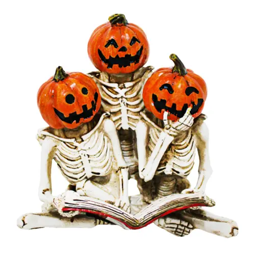 Esqueletos de poliresina con cabezas de calabaza y libro de 17.2×12.5x17cm
