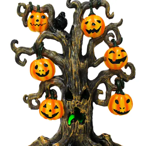 Árbol con calabazas de poliresina de 21×12.2×40.5cm con luz led de 2X1.5V cc 2X300mAh 2X0.10W usa pi