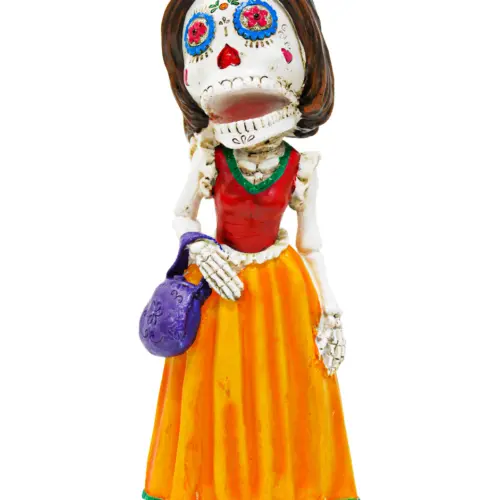 Esqueleto de mujer de poliresina con vestido de 12.7×9.7×30.5cm