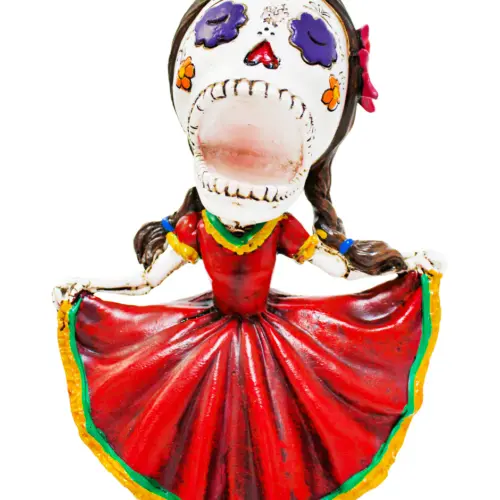Catrina de poliresina con vestido rojo de 14.5×8.2×19.3cm