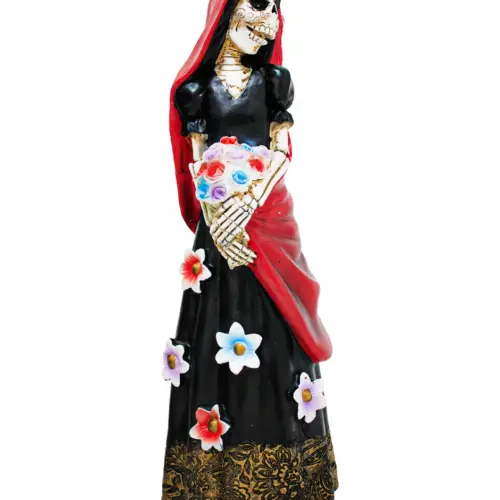 Esqueleto de poliresina de mujer con vestido de flores de 10.5x10x30cm