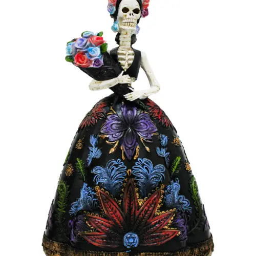 Catrina de poliresina con vestido y flores de 22.5×14.5×32.8cm