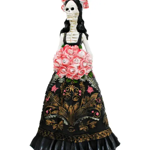 Catrina de poliresina con flores mamey de 20x15x33.5cm