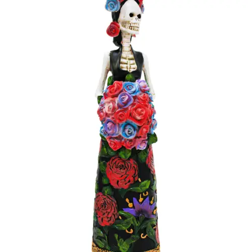 Catrina de poliresina con flores de colores de 10.9×9.5x35cm
