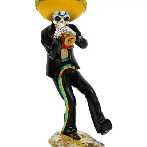 Esqueleto de poliresina vestido de mariachi tocando trompeta de 14.3×9.8×26.3cm