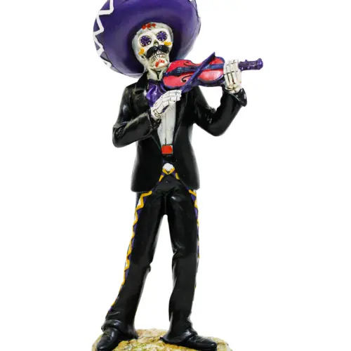 Esqueleto de poliresina vestido de mariachi tocando violín de 14.7×8.5×30.3cm