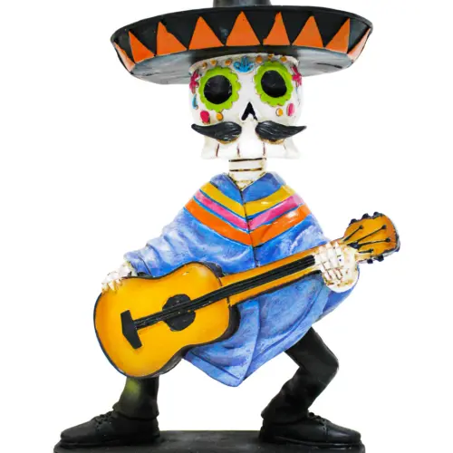 Esqueleto de poliresina con sombrero tocando guitarra de 17.5×11.3×25.5cm