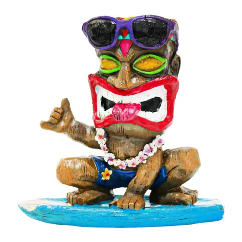 Hombre Tiki de poliresina sobre tabla de surft de 19×8.8×18.5cm