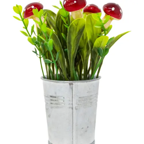 Maceta de metal con follaje verde con hongos rojos de 6x6x14cm