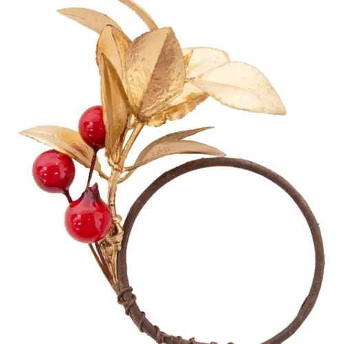 Servilletero con follaje dorado y cereza de 10x4x3cm