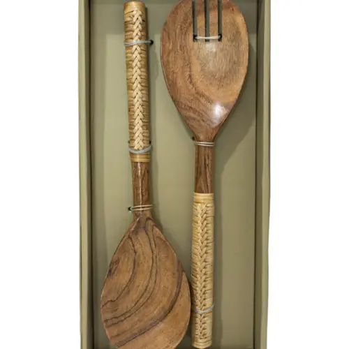 Juego de 2 utensilios de madera con el mango tejido para ensaladas de 30×7.5×2.5cm