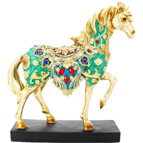 Caballo de poliresina dorado con incrustaciones verdes de 22x6x23.5cm