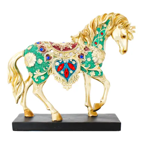 Caballo de poliresina dorado con incrustaciones rojas y moradas de 32x8x27.5cm