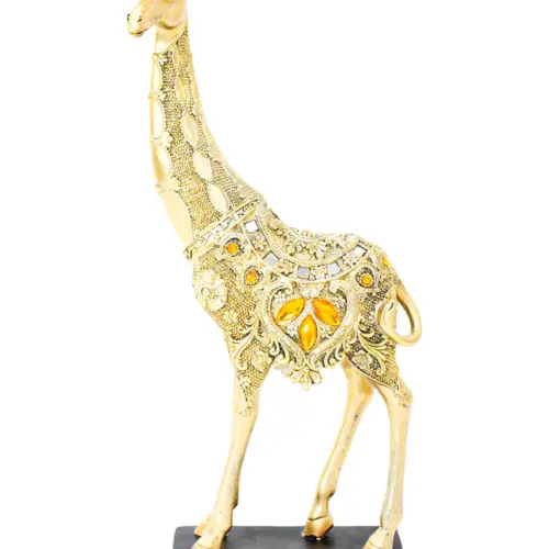 Jirafa de poliresina dorada con brillantes amabar de 18×8.5x41cm