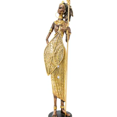 Africana de poliresina con lanza y escudo dorado diamantado de 8x7x33.5cm