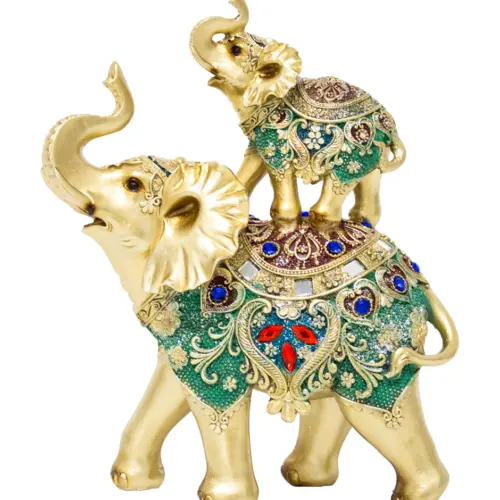 Elefante con cria de poliresina con incrustaciones rojas y moradas de 20.5x9x25cm