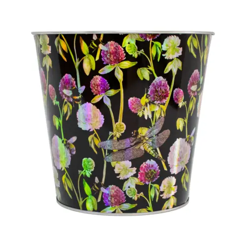 Bote de metal diseño flores blancas con moradas de 17.5×16.5×13.5cm