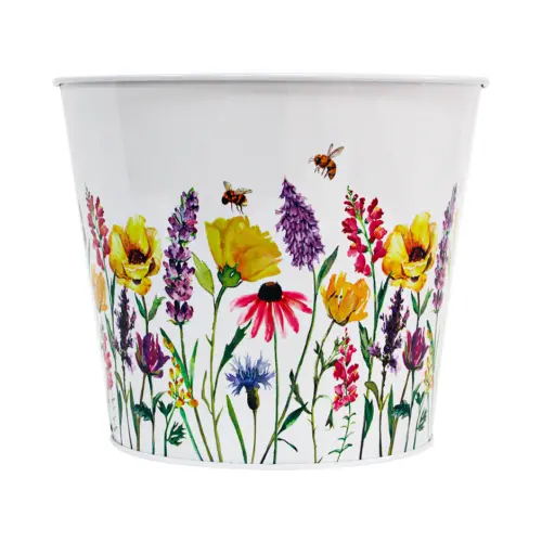 Bote de metal diseño flores de colores con abejas volando de 17.5x15x13.5cm