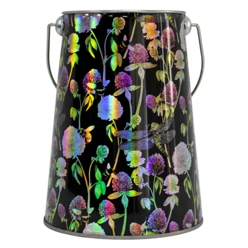 Bote de metal con agarradera diseño de flores de colores de 13x17x26x10cm