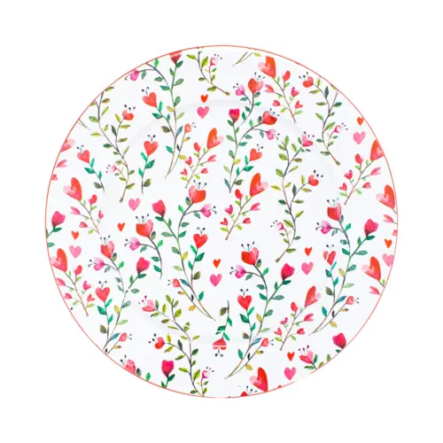 Plato de metal blanco diseño ramas verdes con corazones rojos de 33×1.5cm
