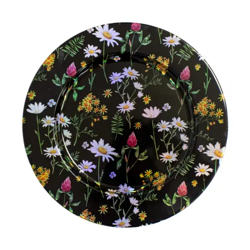Plato de metal negro con flores de colores y margaritas blancas de 33×1.5cm